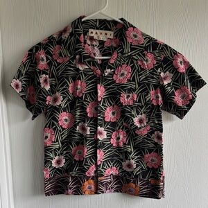 Marni Vintage Cotton Poplin Black Floral Camp Collar Shirt with Pink Flowers